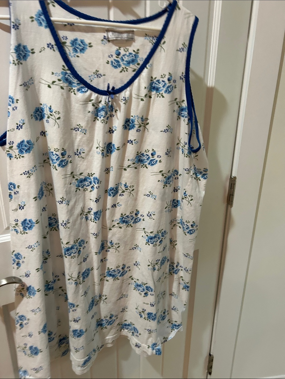 Sleeveless Floral Nightdress - White with Blue Floral Print